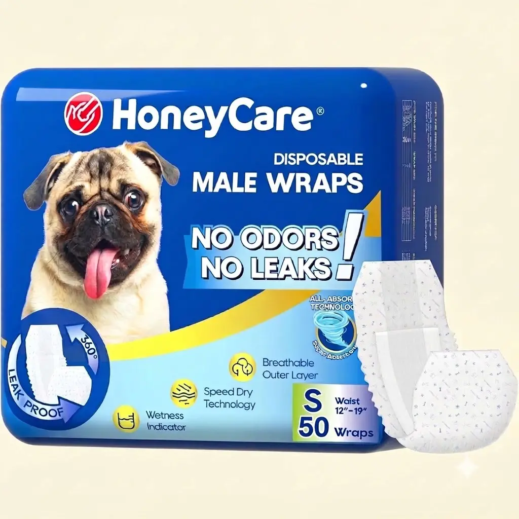 HONEY CARE All Absorb A26 Male Dog Wrap 50 Count Small Breathable Adjustable Male Dog Diapers For Small Breeds