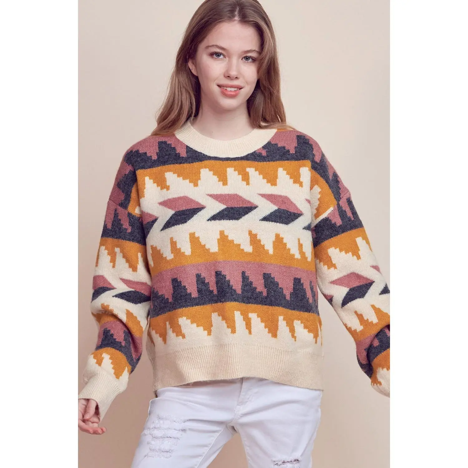 &Merci Geometric Fair Isle Western Sweater — Crew Neck in Cream, Indigo, Mauve & Mustard Mid-Weight Knit