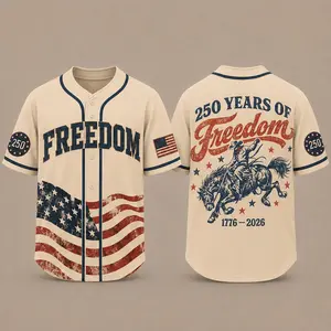 Freedom 250 Years Patriotic Baseball Jersey USA Flag Shirt Western Rodeo Cowboy Graphic Tee Vintage Americana Independence Day Sports Top Breathable Button Up Jersey for Men Women