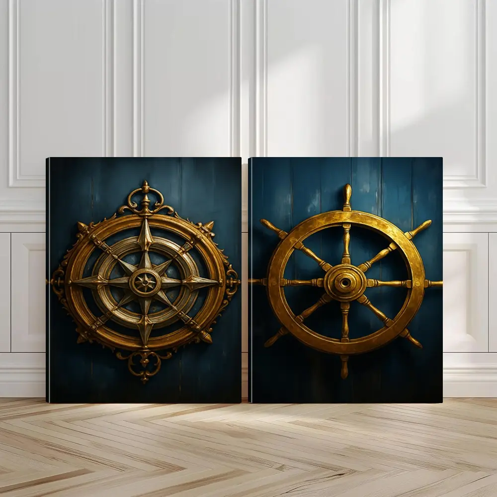 2pcs Nautical Theme Wall Art, Elegant Design Poster, Blue Background Art Prints, Maritime Spirit Home Decor, Modern Wall Paintings, Minimalist Canvas Posters Wall Arts, Decor for Living Room, Restaurant, Kitchen, Bedroom, Housewarming Gift, With Frame