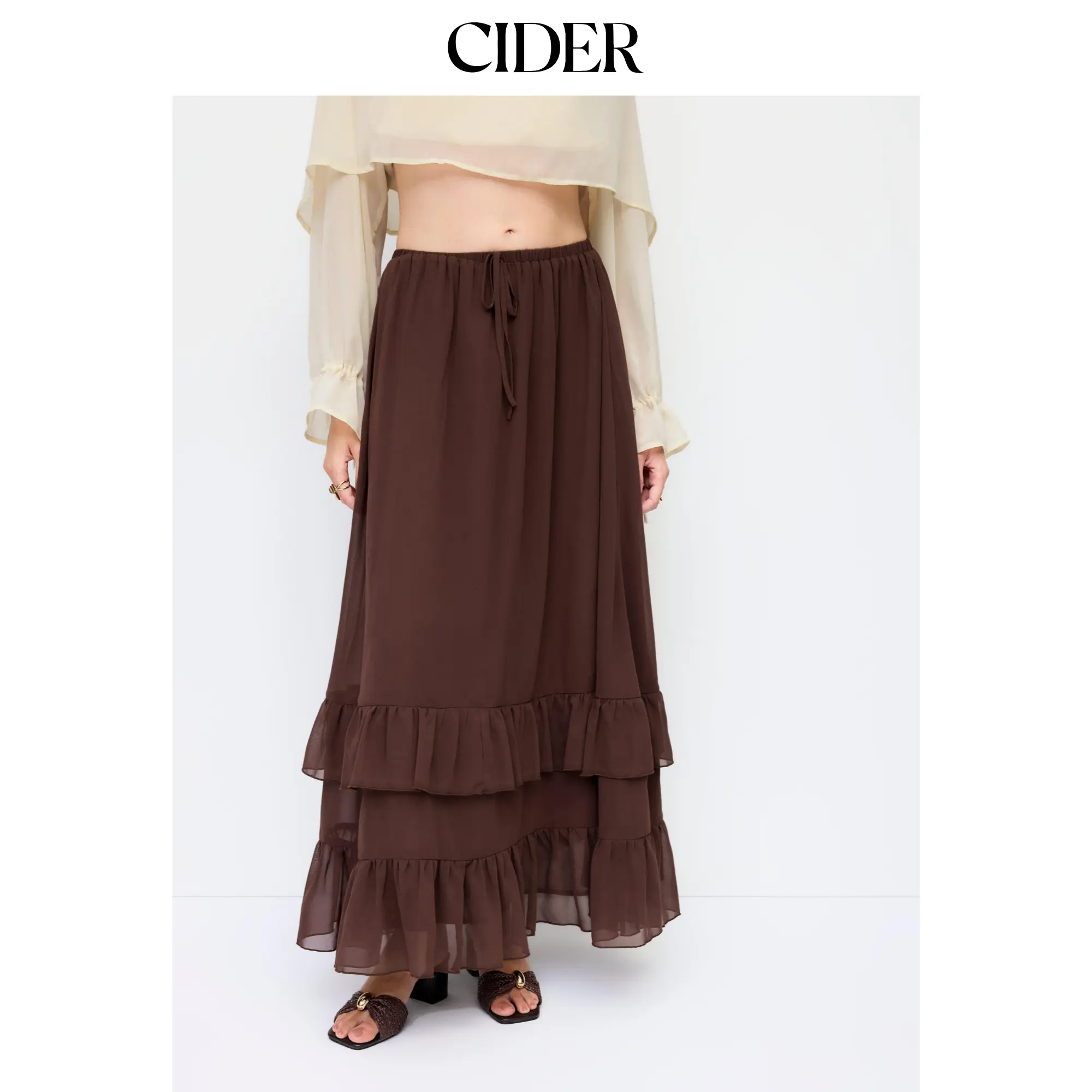 Cider Chiffon Mid Rise Drawstring Ruffled Tiered Maxi Skirt