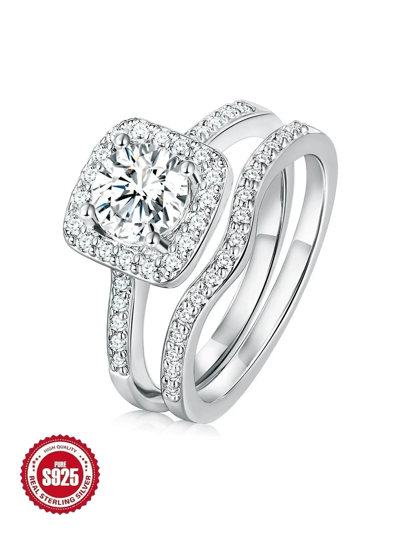 S925 Sterling Silver Women's Elegant Square Shaped Zirconia Bridal Wedding Engagement Ring Set, Exquisite Trendy Ring, Fashionable Jewelry Accessories for Women As Gift, Bridal Rings