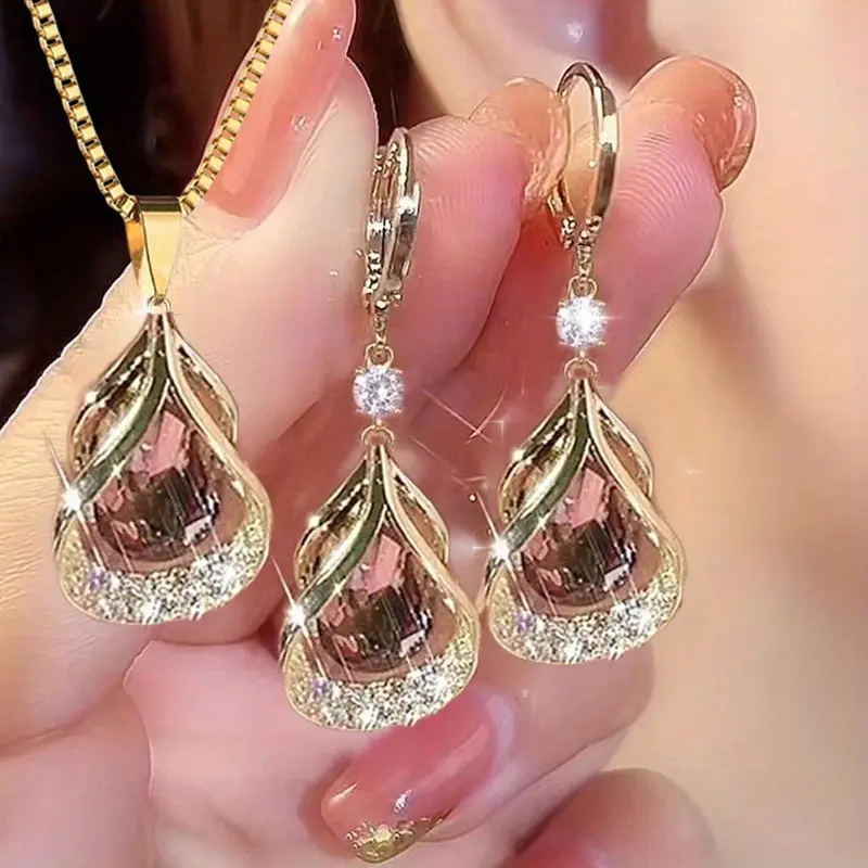 3pcs/set Elegant Imitation Cat Eye Stone Geometric Water Droplet Pendant Earrings Necklace Set Fashionable Jewelry Set Gifts