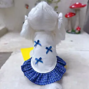 2pc Pet Spring/Summer Checkered Strap Dress for Cat/Dog Bow Princess Yorkshire Cartoon Dog Dresses Small Dogs Puppy Clothes Polyester Material