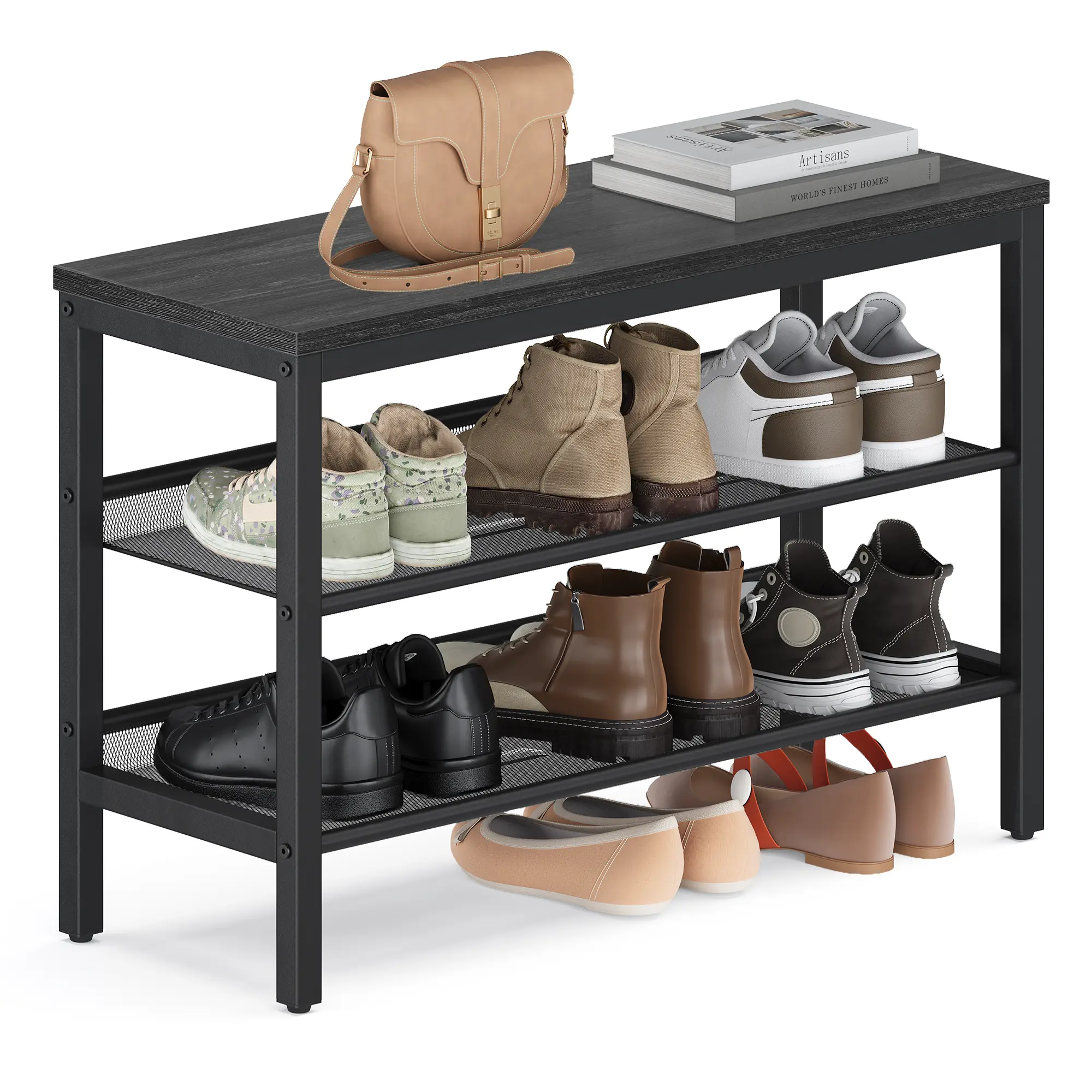 VASAGLE 3 Tier Shoe Rack Bench, One Piece Shelves, Industrial Style | Shoe Storage Organizer with Raised Edges, Easy Assembly, 11 x 29.5 x 19.7 Inches