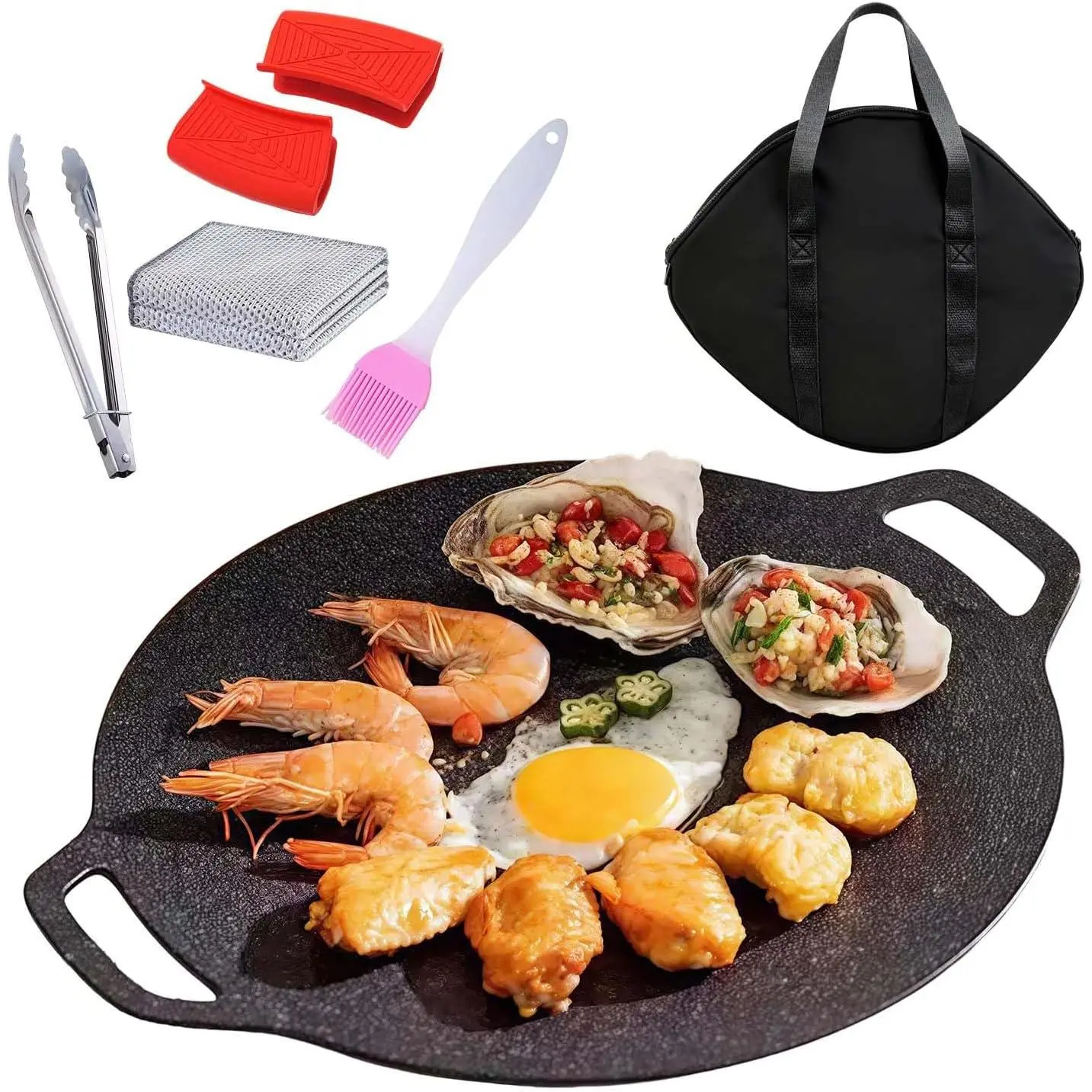 Grill Pan with Nonstick 6-Layer Coating, 13" Round BBQ Griddle with 2PCS Steel Wire Cleaning Cloth, Compatible for Induction, Gas Stove, Electric Cooktop, Indoor or Outdoor Grilling