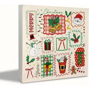 Preppy Merry Christmas Wooden Box Sign, Coquette Christmas Decor, Xmas Bell Santa Snowman Holiday Wood Box Block Sign for Home Office Desk Tabletop Shelf Decoration 5x5 Inch