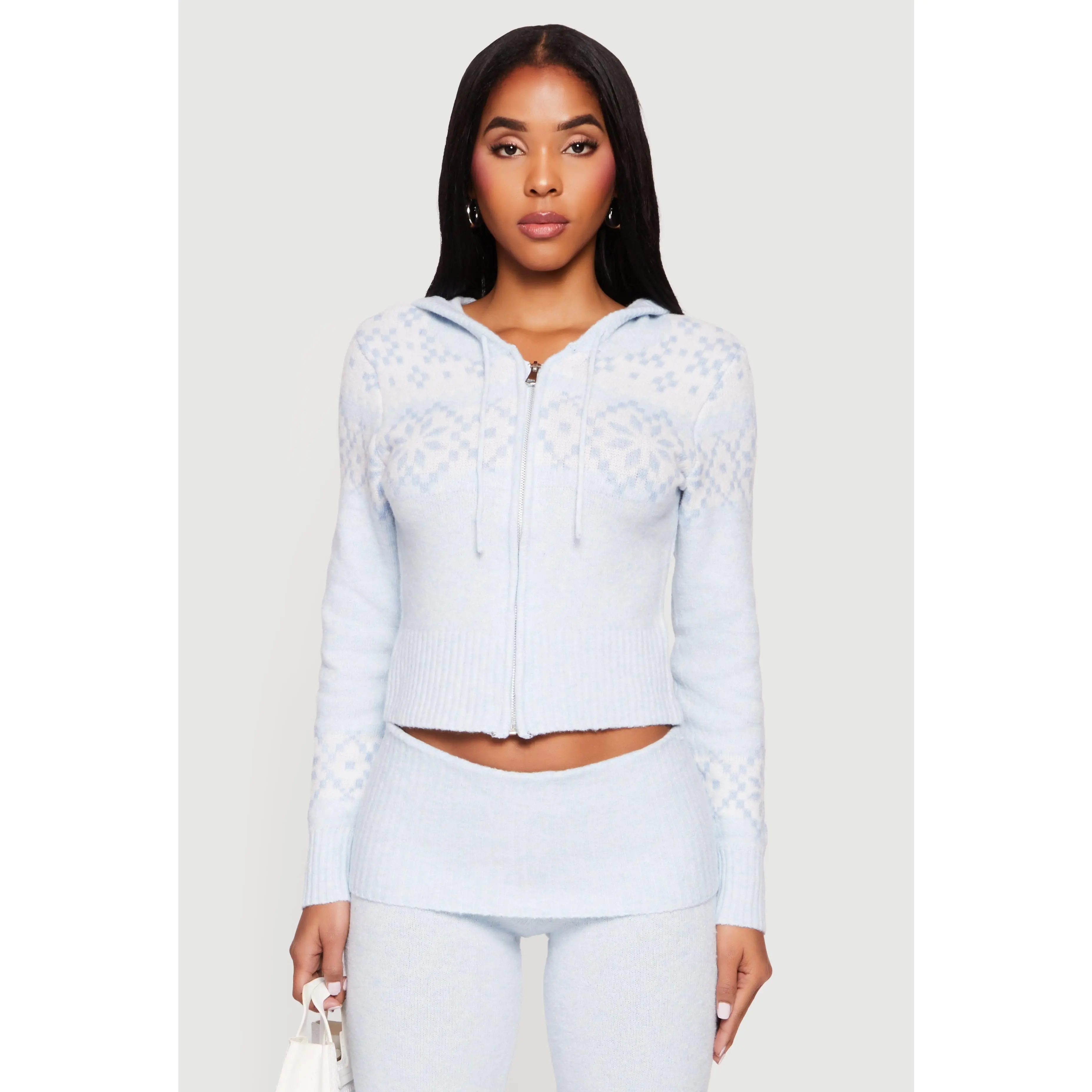 Almost Famous Fair Isle Zip Front Cropped Hooded Sweater