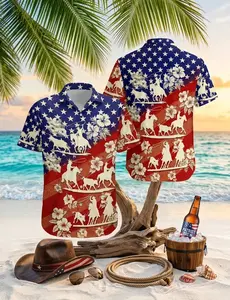 Amazing Us Team Roping Red Navy Color Unisex Hawaiian Shirts For Men Women Beach Wear Short Sleeve, Button Down Summer Beach Shirts