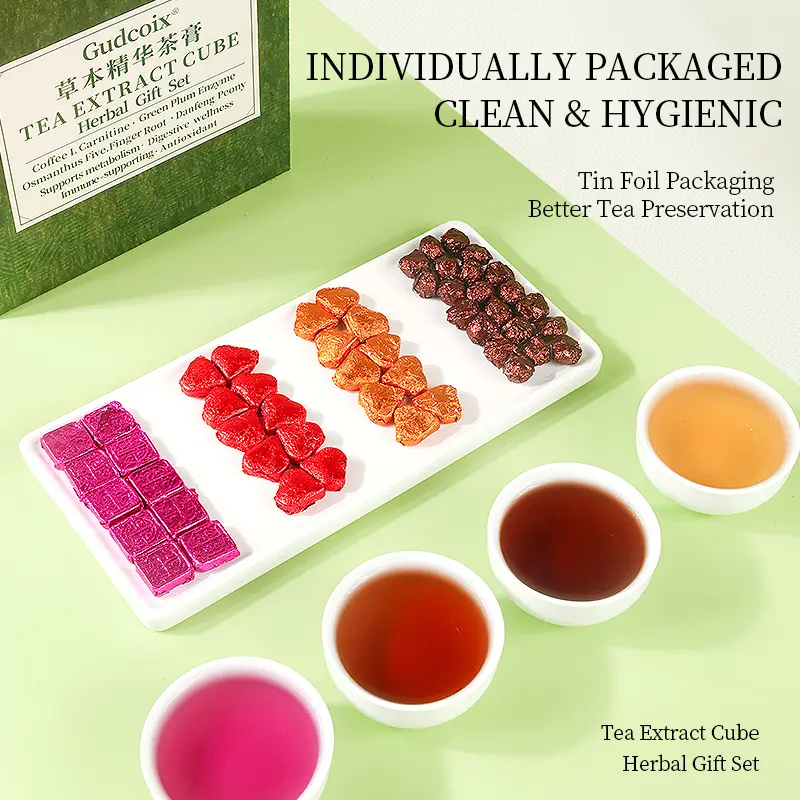 Over 120 Cups in One Box! Gudcoix Instant Tea & Herbal Essence Cubes - 4-Flavor Gift Set (Coffee L-Carnitine, Green Plum Enzyme, Osmanthus Five-Finger Root, Danfeng Peony)