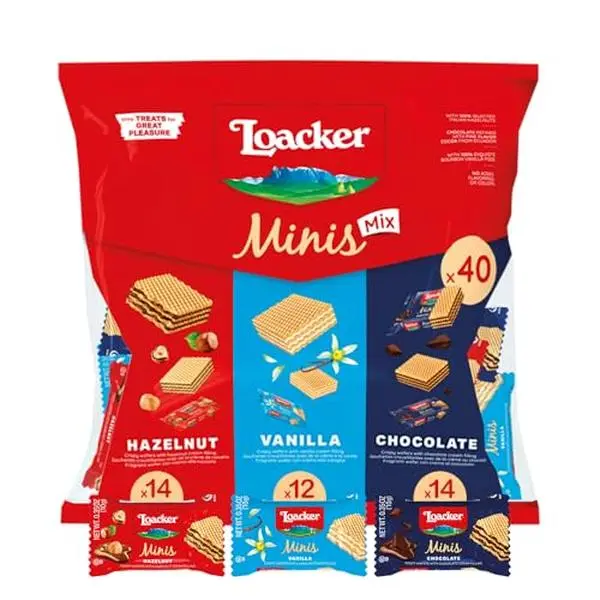 Loacker Minis Wafer Variety Pack - 30% Less Sugar - Premium Cream Filled Wafer Cookies - Mix of Hazelnut, Chocolate and Vanilla - NON-GMO - Sustainably Sourced - 40 Individually Wrapped Snack Packs