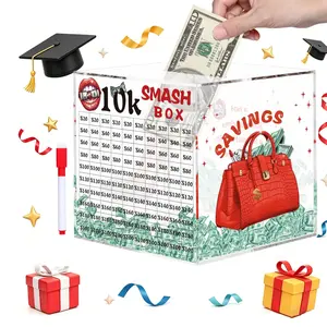 Graduation Gift for her,10k Smash Box for Money, Piggy Bank for Adults 10000 Savings Challenge Box, Money Saving Box for Cash, Unbreakable Clear Acrylic Money Saver Must Break to Open, Acrylic Savings Jar, Coin Bank