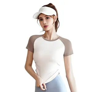 Contrast color pleated yoga top for women, waist-cinching, slimming, with a nude feel, suitable for yoga, sports, and outdoor fitness