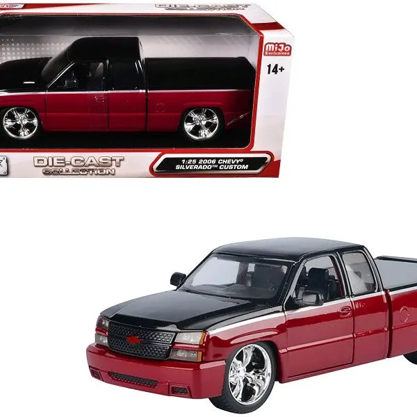 2006 Chevrolet Silverado Custom Pickup Truck Red Metallic and Black with Silver Stripes "Die-Cast Collection" Series 1/25 Diecast Model Car by Motormax