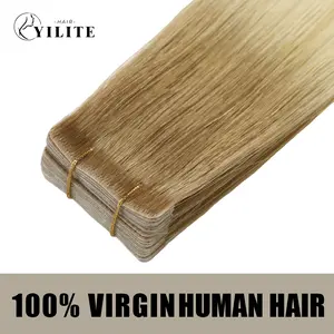 YILITEHAIR #T8/60 Light Brown to Platinum Blonde Invisible Tape In Extensions Virgin Human Hair Long Straight 14-16In 20Pcs