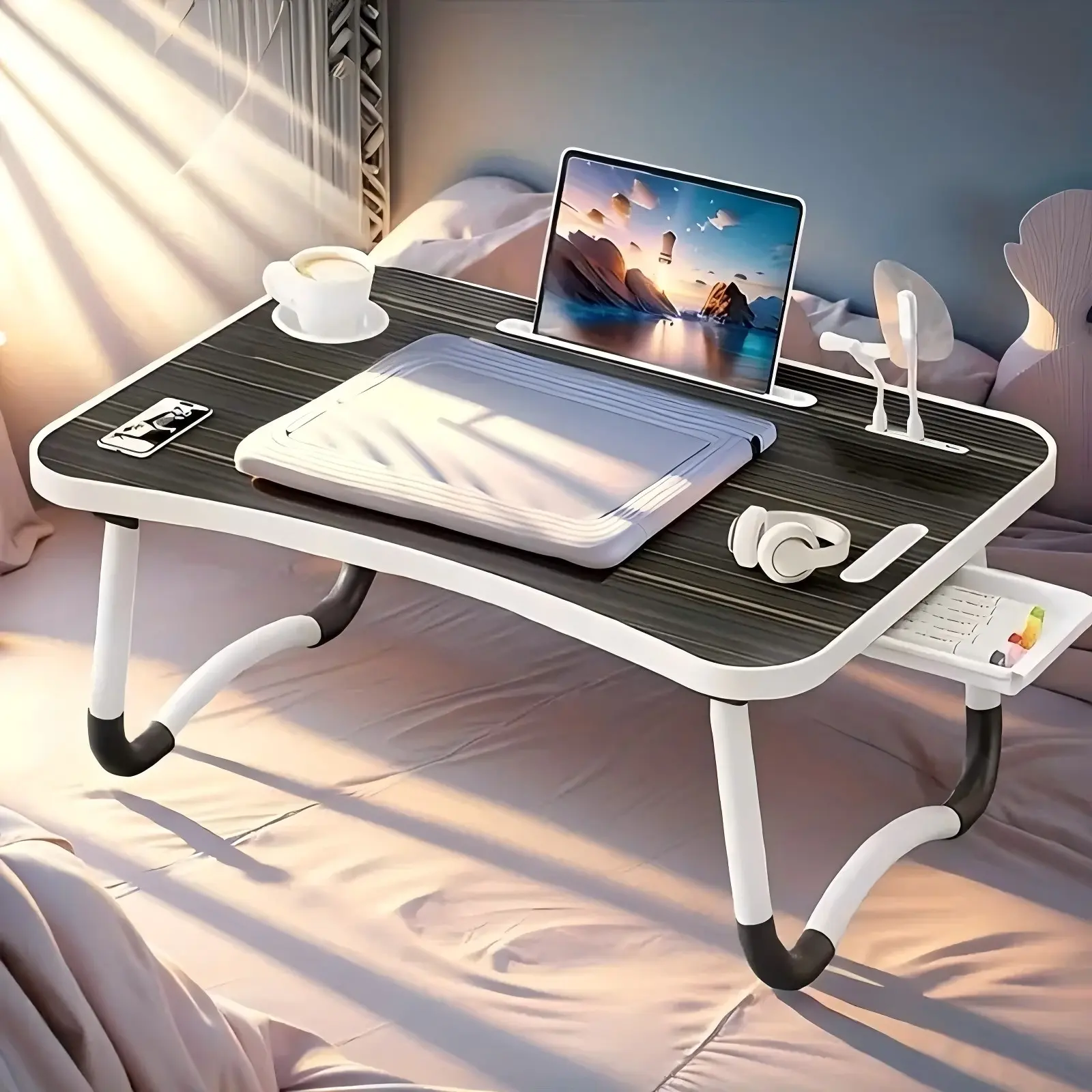 Extra Large Portable Laptop Bed Table Folding Table, Computer Table - Multifunctional Tray Stand With Cup Holder And Drawer, USB, Fan And Light - Ideal For Eating, Reading And Writing In Bed, On The Sofa, On The Floor - Stable, Durable And Foldable summer
