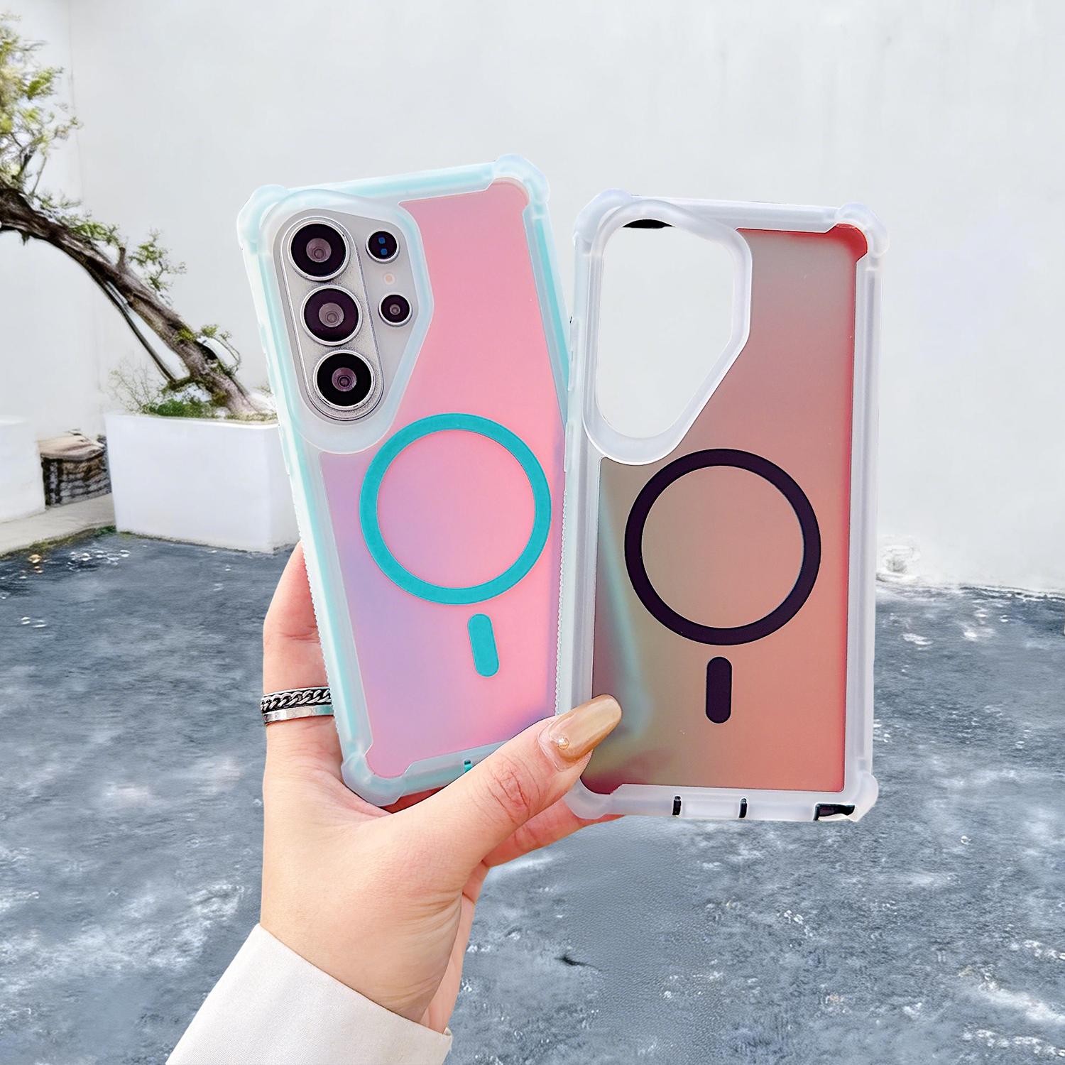 For Samsung Galaxy S26 Ultra/S25/S24 Plus Case, Iridescent Back, Magnetic Support for MagSafe Shockproof Cover, Crystal and Corner High-Duty Protection for Girls Women