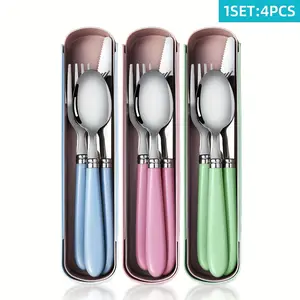 4pcs Stainless Steel Cutlery Set with Storage Case, Including Knife, Spoon, and Fork - Polished Surface, Durable, Compact, and Portable Cutlery with Storage Box, Suitable for Picnics/camping/students/outdoor Gatherings/daily Use, Camping Cookware