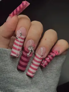 J40 Nailed by Vibe -Luxury Pink Stripe Press-On Nails with Crystal Cross Charm, Soft Nude Base, Glossy Layered Stripes, Elegant 3D Floral Accents, High-Shine Finish, Custom Press-On Nail Art for Chic Events, Date Nights, Party Looks & Gift for Her