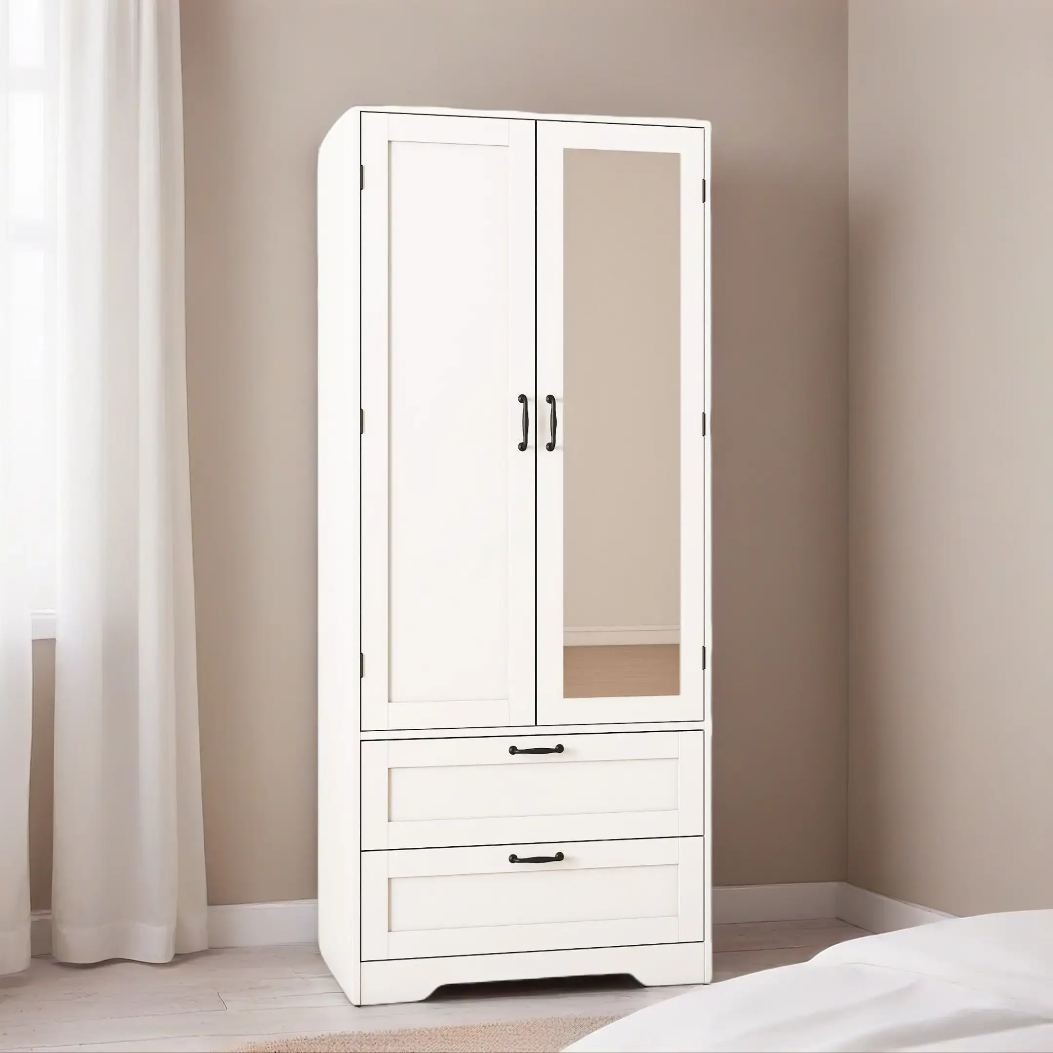 Sturdy Wood Mirrored Armoire Closet - Freestanding Wardrobe with Full-Length Mirrored Doors, 2 Drawers, Spacious Storage Rod, Anti-Tip Kit, Closet Storage Solution for Bedroom, Apartment - Assembly Required