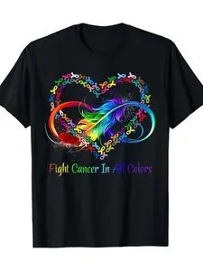 Combat Cancer in All Colors 100% Cotton T-Shirt – Men's Casual Short Sleeve with Heart & Feather Ribbon Design, Black, Lightweight 180g, Perfect for Everyday Wear Breathable Fabric