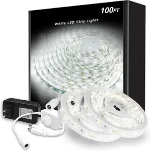 White LED Strip Lights, 100ft (2 Rolls of 50ft) Dimmable 6500k  White Led Light Strip, 1800 LEDs Flexible Led Lights for Bedroom, Mirror, Kitchen Decoration
