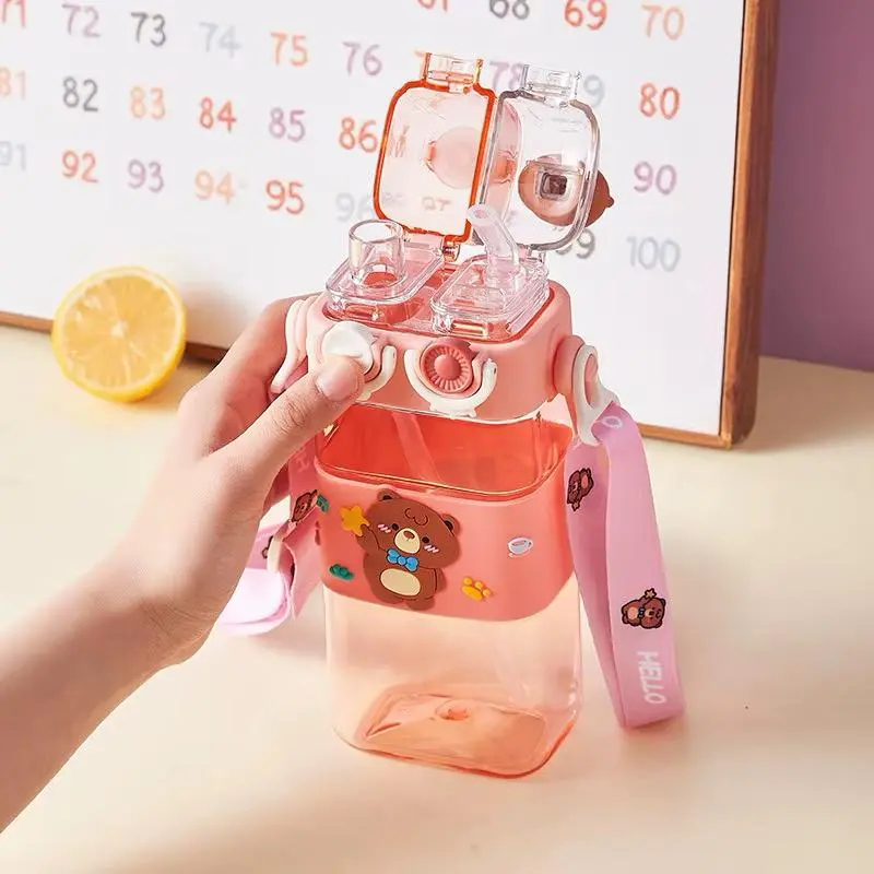 Cartoon Pattern Children's Large-Capacity Water Bottle, 2-Drinking-Method Drinkware for Home & Office Use