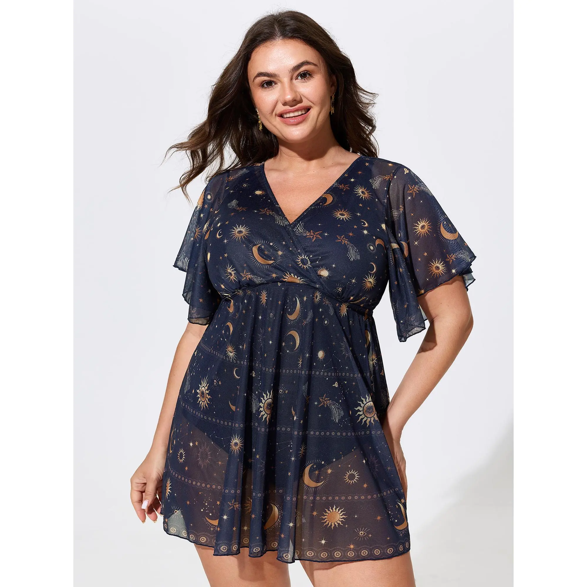 BloomChic Women's Plus Size Star & Moon Print Swim Dress - Hip-Flattering Tunic, Sheer Mesh, Built-in Bottoms, Adjustable Straps, Nylon Blend, Chic Curve Swimdresses, Curvy Swimdresses for Beach, Swimming, Curvy One-Piece Swimdresses