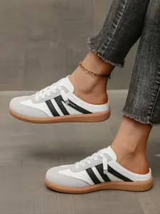 Women's slip-on Dexun sports shoes - round toe, synthetic leather upper, fabric lining, rubber sole, lightweight and comfortable striped design walking shoes, casual footwear suitable for both men and women.