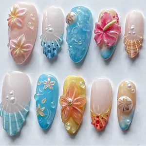 Chic Nail Studio Luxury Plumeria Paradise Press-On Nails, 3D Shells & Flowers, Ocean Glow, Custom Press-On Nail, Gifts for Her