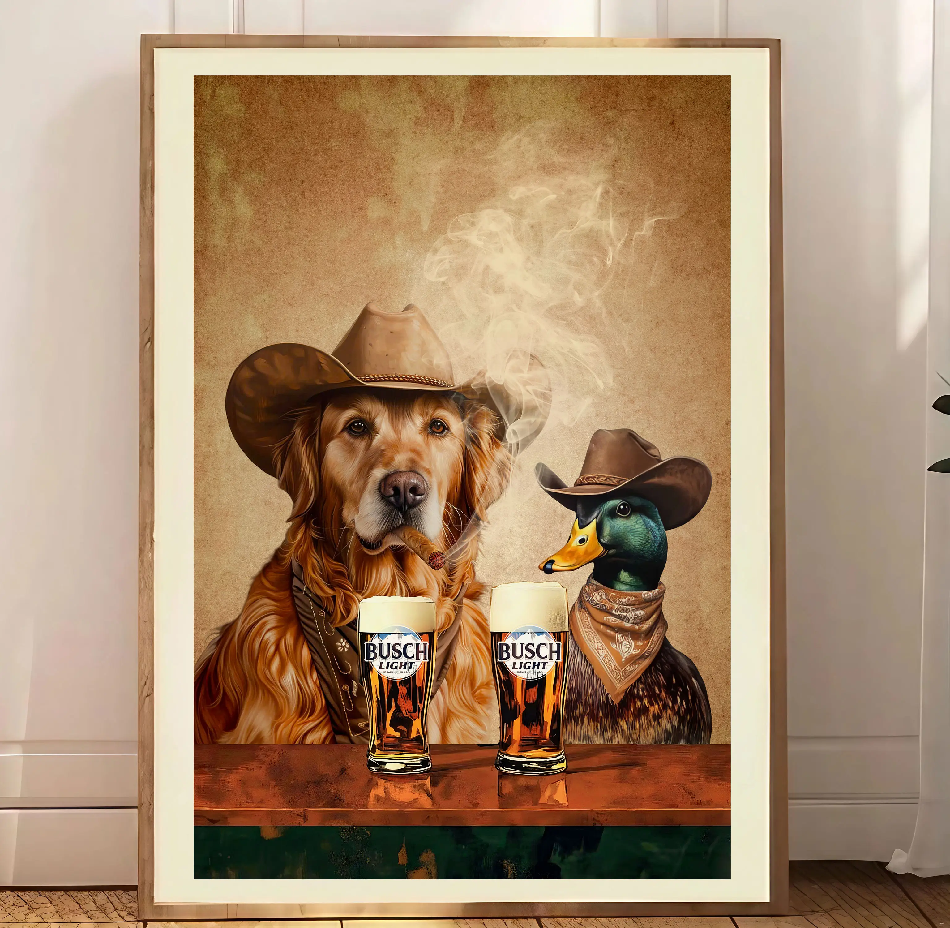 Dogs Cowboy light one up and Drink Beer Print, Dogs Neutral Aesthetic Vintage Art, Funky Western Art Wall Art, Unique Gift for Men Dad frameless