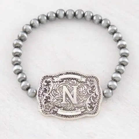 Initial Buckle Navajo Style Bead Bracelet Stretch with Silver Finish and Decorative Buckle Design Faith Wear Jewelry Elegant Minimalist Bangle