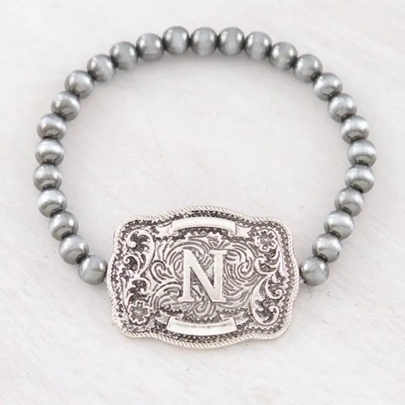 Initial Buckle Navajo Style Bead Bracelet Stretch with Silver Finish and Decorative Buckle Design Faith Wear Jewelry Elegant Minimalist Bangle