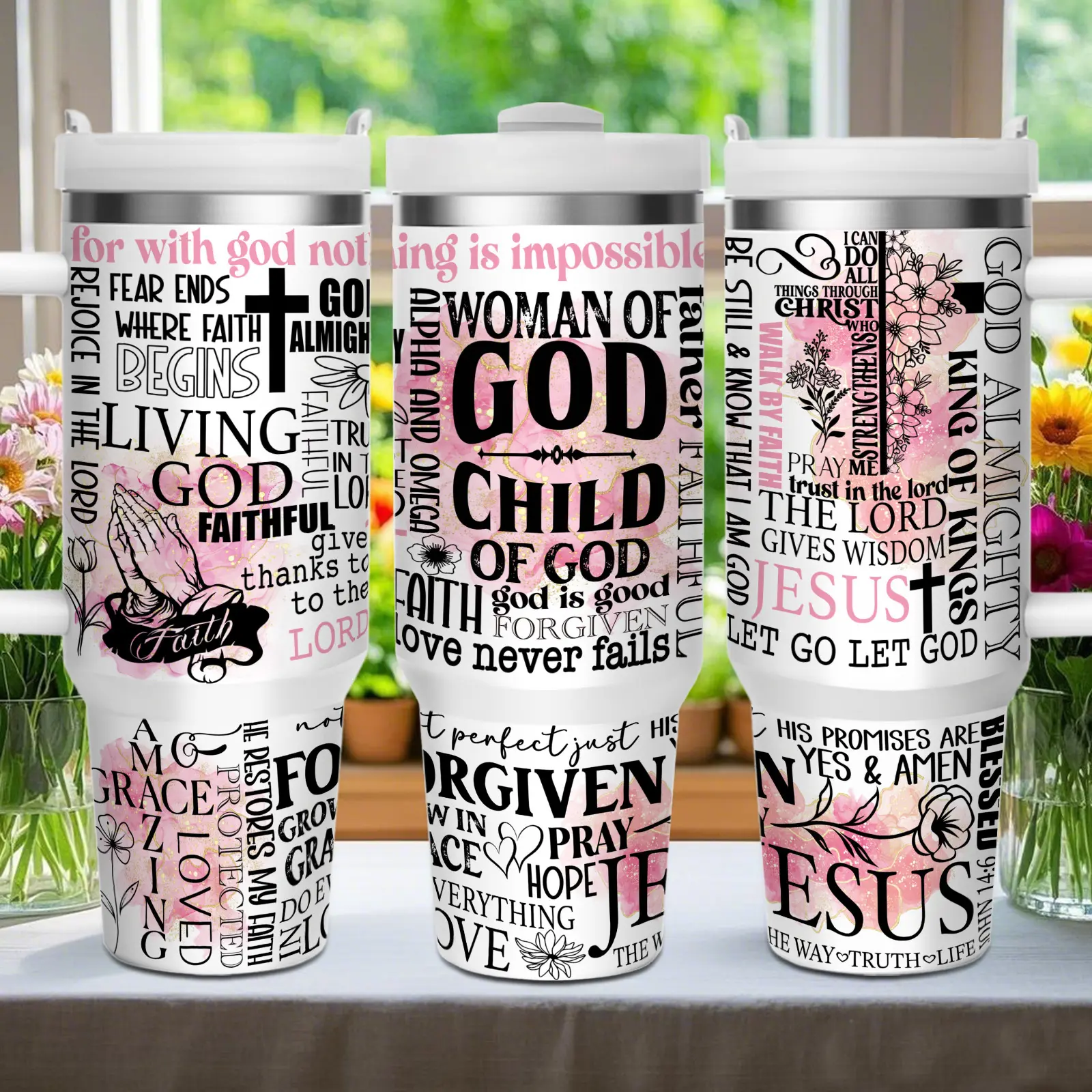 40oz Stainless Steel Insulated Cup with Handle & Straw, Christian “Woman of God, Child of God” Sublimation Tumbler, Keeps Hot 12H & Cold 24H, Reusable Water Bottle for Daily Use
