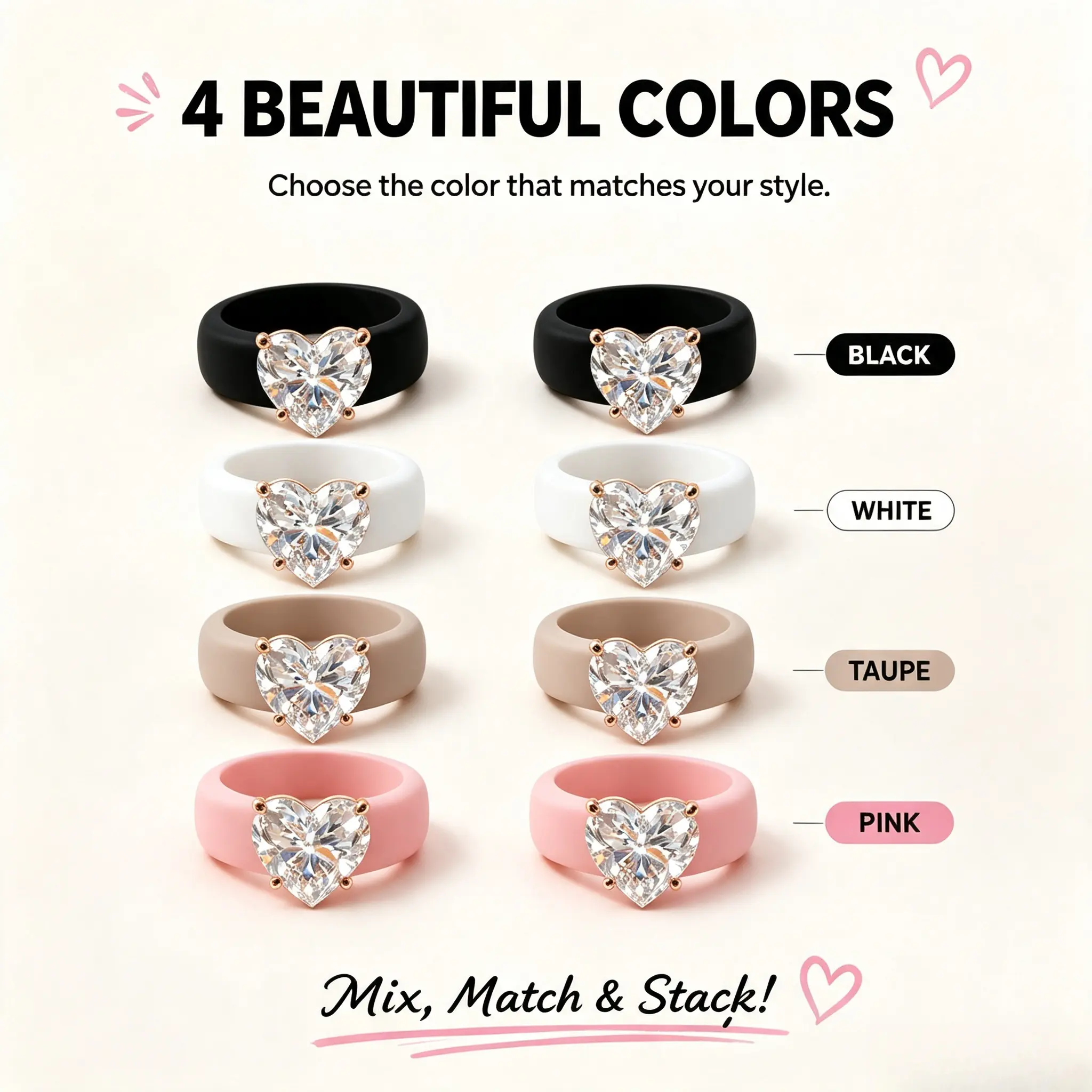 Women's Silicone Ring with Square Cut CZ Gemstone, Rose Gold Setting, Soft Flexible Wedding Band, Multiple Colors Available for Daily Wear & Sports