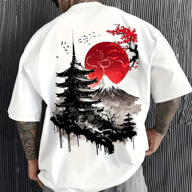 Men's Japanese Art Print T-Shirt Apparel T Shirt Casual Summer Oversized Fit Pagoda Mount Fuji Red Sun Graphic Casual Streetwear Menswear Short Sleeve Top For Men Graphic Tees Apparel