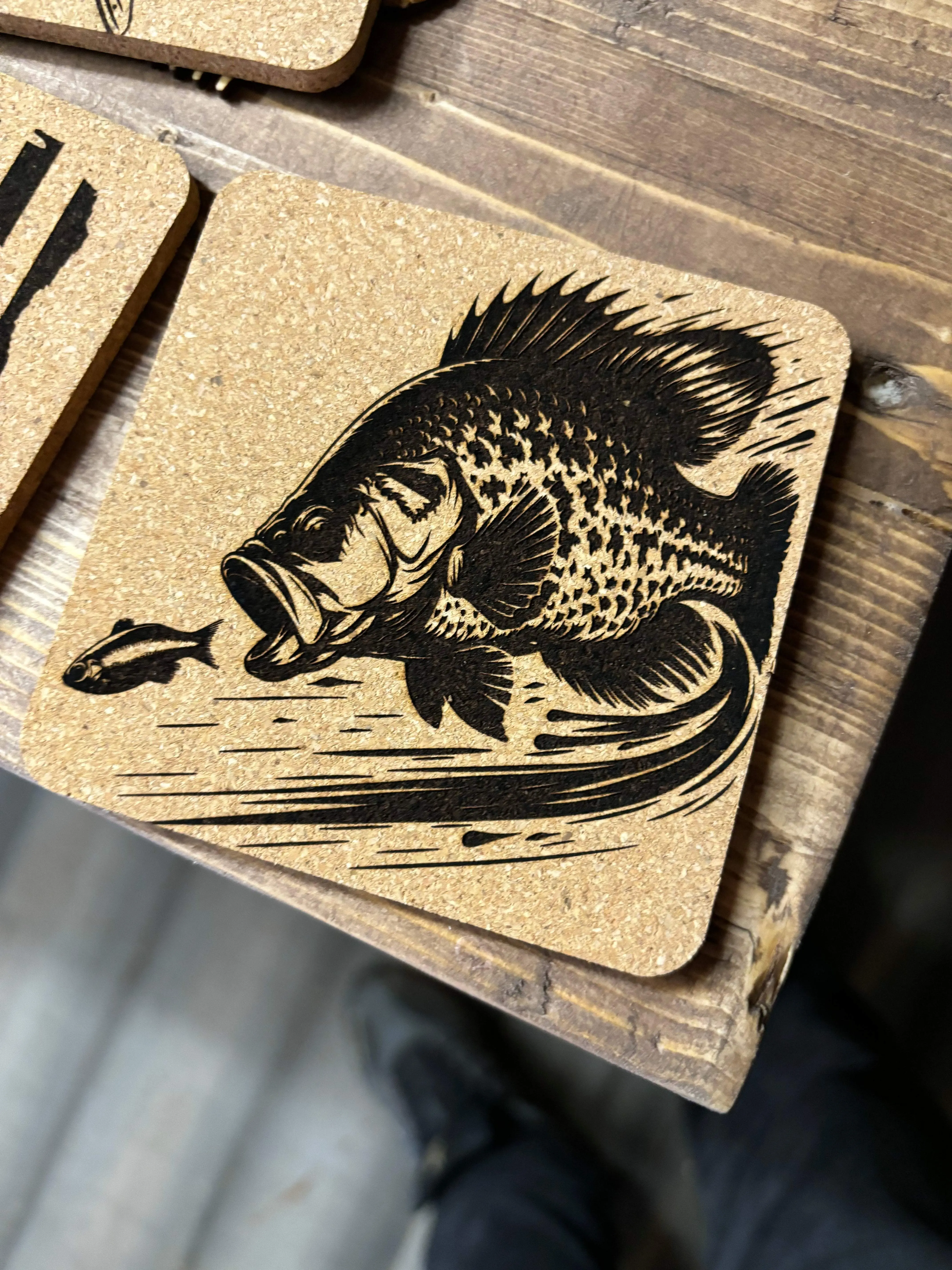 Crappy fish and drank coaster, cork 4 x 4” great gift idea for him or any angler that loves the fish