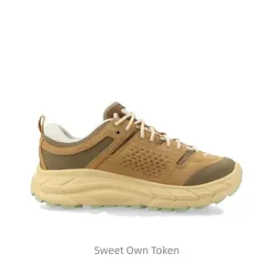 Top layer cowhide, round toe, shock-absorbing, waterproof, supportive, with grip, low heel. Walk shoes for both men and women. Brownish yellow color.