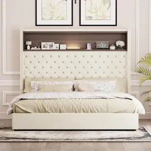 BellemaveVelvet Tufted Soft Bed Frame with USB Port and Night Light,52'' High Headboard with Rivet Decoration, Wing-back Platform Bed with Headboard Shelf,