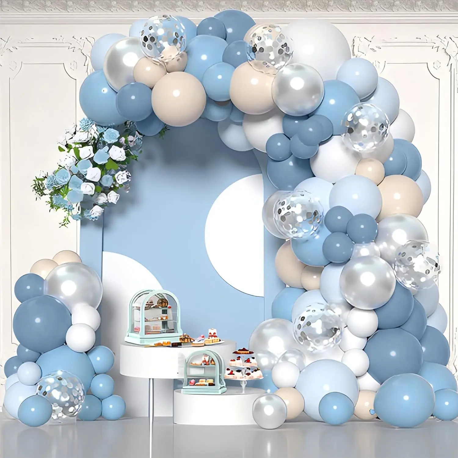 Dusty Blue Square Wood Balloon Arch Garland Set - Sand White, Silver Confetti Balloons, Elastic Band, Glass Accents, Print Letters, Festive Home Party Decor for Birthday, New Year, Housewarming, Christmas