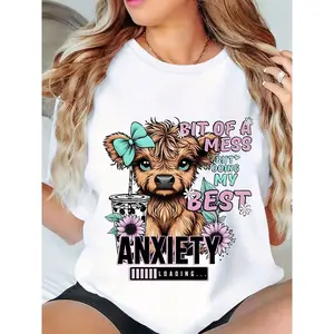 Plus Size Highland Cow Women's Tshirt Casual Chic Round Neck Short Sleeve Cotton Fabric for Daily Wear Seasonal Fashion Comfortable Fit Streetwear Top