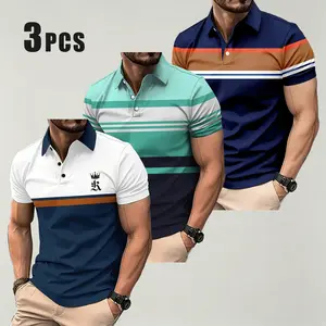 3-piece summer men's casual polo shirt, patchwork contrasting short sleeved slim fit breathable versatile top fathersdaygift