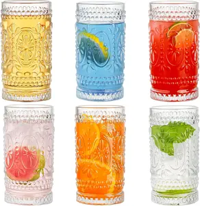 Vintage Drinking Glasses, 6 pcs Romantic Glass Cups, 15oz Highball Glasses, Mojito Cups, Cocktail Glass, Tall Water Glass Tumblers, Vintage Glassware Set for Water, Juice, Cocktail, Whiskey