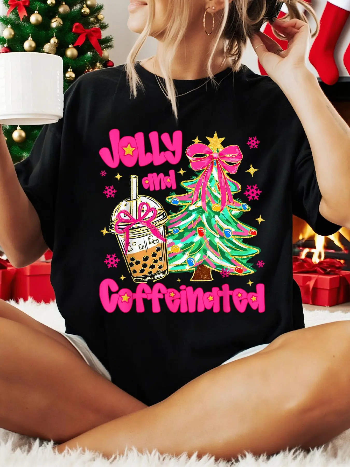 Women's 100% Cotton Coquette Chic Casual All Seasons Christmas T-Shirt - Loose Fit, Short Sleeve, Round Neck Top with Bow Tree Graphic, Machine Washable, Party Wear Suitable; Note: Do Not Bleach or Tumble Dry