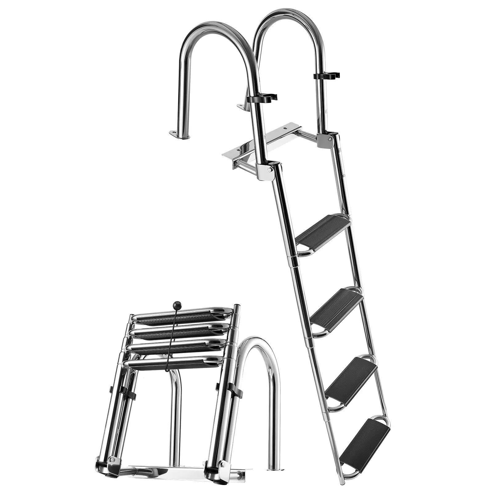 VEVOR 4-Step Marine Grade Stainless Steel Telescopic Ladder, Extra-Wide Anti-Slip Steps, 600 lbs Capacity, Handrails, Rear Entry, Bungee Cord, Swimming Pool Accessories, Secure & Comfortable Boarding, Versatile for Mobile Platforms/Father's Day Gift