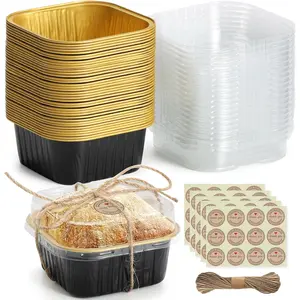 Mini Square Baking Cups with Lids, 50 Pcs 5oz Aluminum Foil Cupcake Tins, Disposable Ramekins Flan Cake Pans for Souffle, Dessert, Valentine, Wedding, Party Small Cake Containers