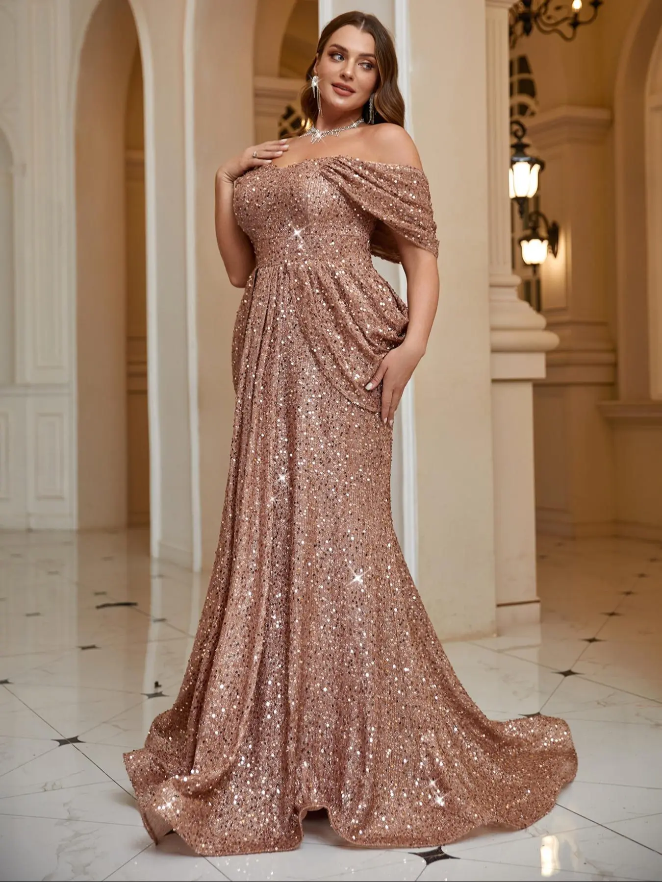 glitter plus size dresses Satin Ribbon Waist Maxi Dress with Short Sleeves Sharp curves meet clean lines in the Plus Size Sequin Mermaid Formal Prom Long Dress by LaDivine CD0214C B Darlin Trendy Plus Size