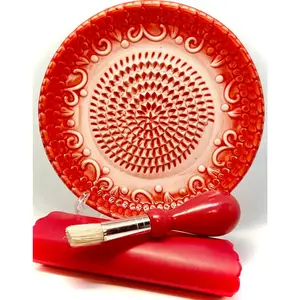 All-in-one Premium Ceramic Garlic Grater Plate 4-Piece Set - Red Embossed Design and Style - For Garlic, Ginger, Chocolate, and more!- Comes with 5.25" Plate, Peeler, Brush, and Stand