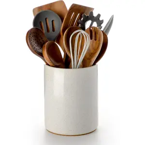 Ceramic 6.4" Kitchen Utensil Holder, Countertop Utensil Organizer with Protective Cork Bottom, Vintage Farmhouse Kitchen Counter Decor, Ideal Gift (Sand)