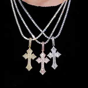 [ICE HUE]18K Gold Vacuum Plated Copper with 5A+ Sri Lanka Zircon Cross Design Pendant With Tennis 4mm Necklace Miami Italy Mexico & Micro Inspired for Women & Men Jewelry,Daily Wear,Casual Fashion,Gift Idea,,Classic,Hip Hop,Simple,Sporty Style